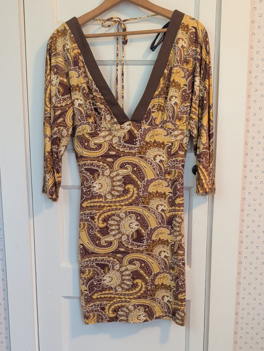 Baby Phat Dress Paisley Deep V-Neck Low Back Tie Brown Large Date Night Out Sexy